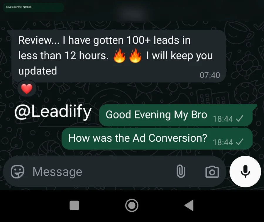 Advertiser testimonial screenshot mentioning 100 plus leads