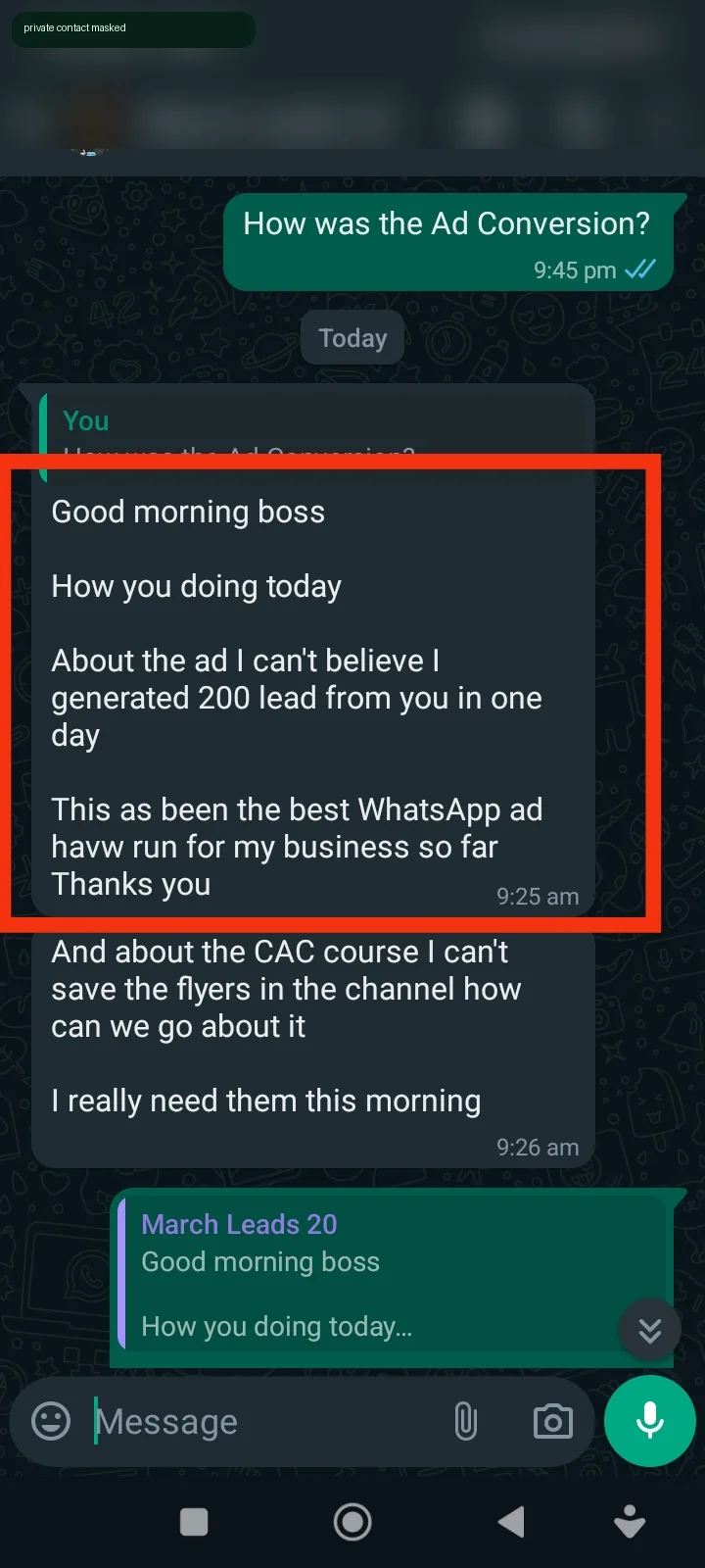 Advertiser testimonial screenshot with lead count feedback