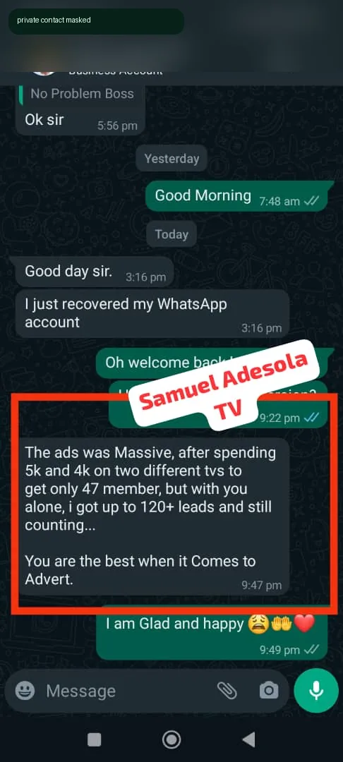 Advertiser testimonial screenshot mentioning ad spend and people joining