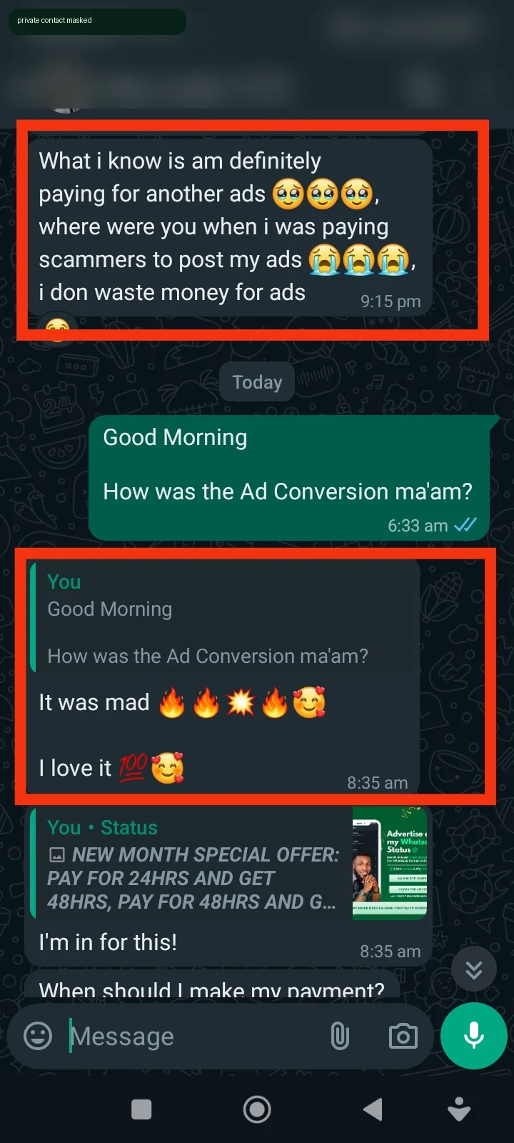 Advertiser testimonial screenshot about good ad conversion