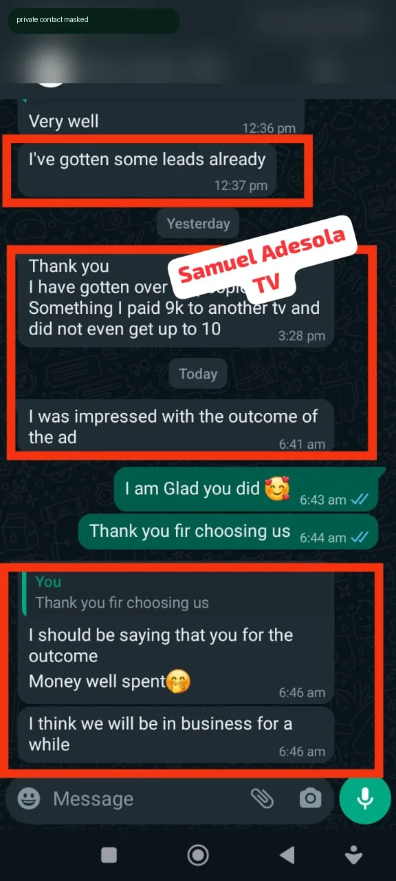Advertiser testimonial screenshot about being impressed with outcome