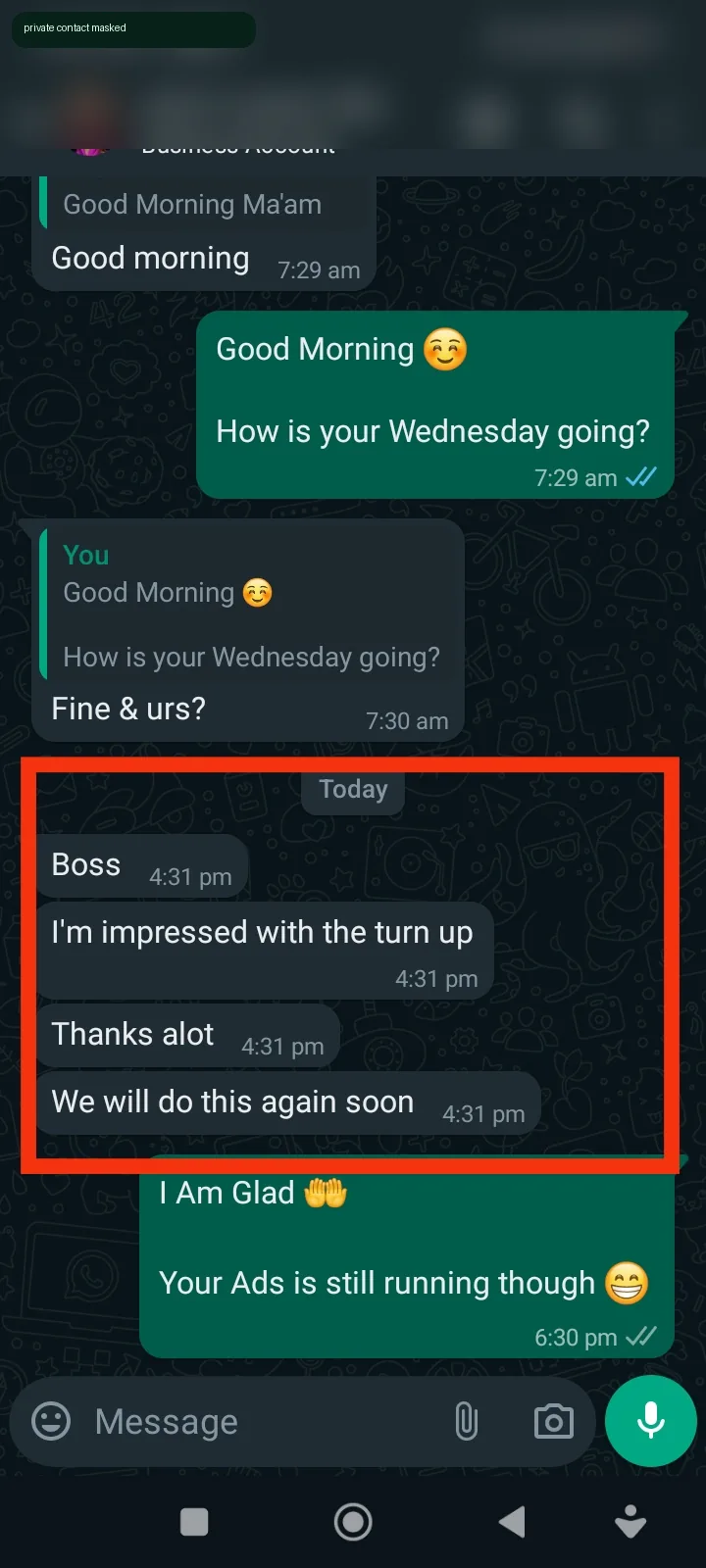 Advertiser testimonial screenshot showing repeat interest
