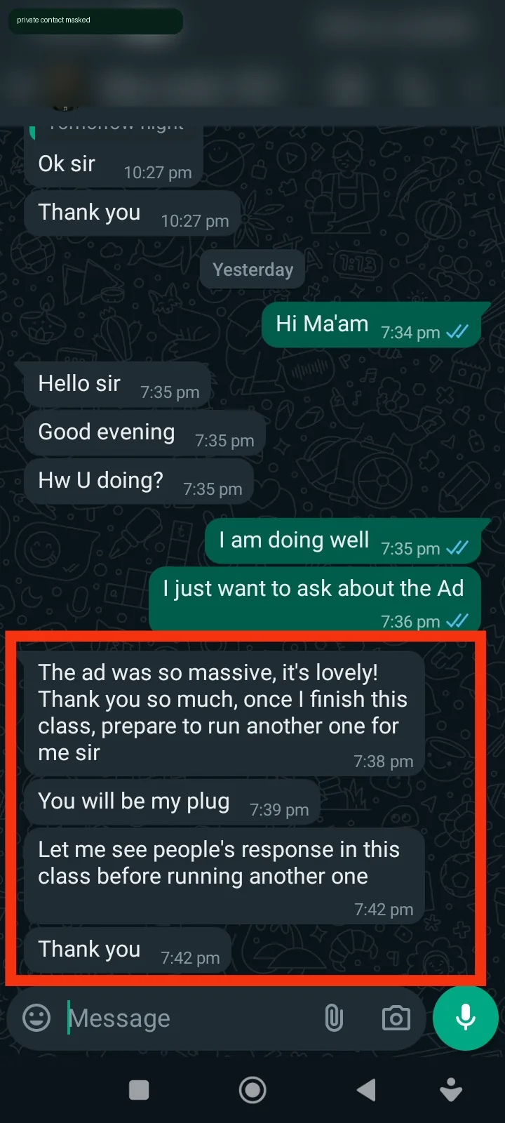 Advertiser testimonial screenshot showing campaign response
